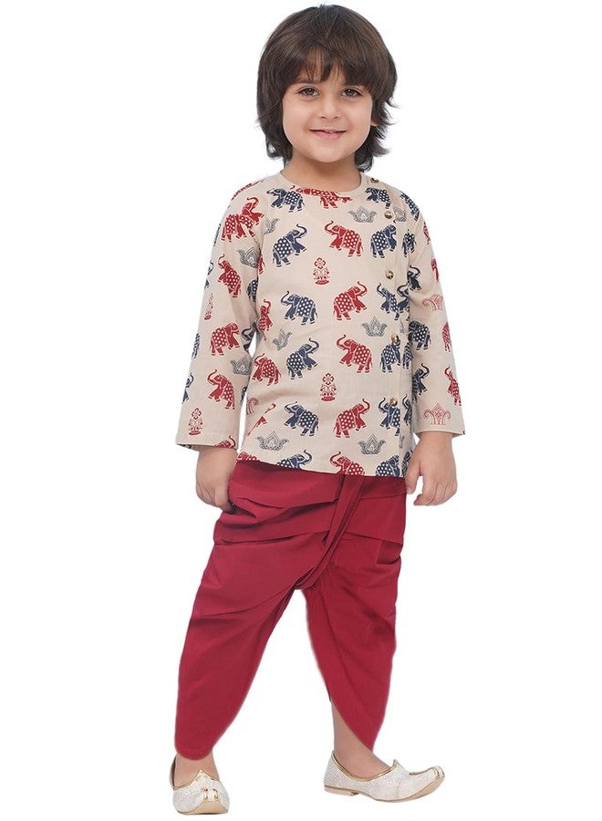 AJ DEZINES Kids Ethnic Wear Pure Cotton Elephant Printed Beige Dhoti Kurta Set for Boys (1942-BEIGE-3) - Image 1