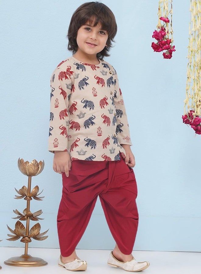 AJ DEZINES Kids Ethnic Wear Pure Cotton Elephant Printed Beige Dhoti Kurta Set for Boys (1942-BEIGE-3) - Image 5