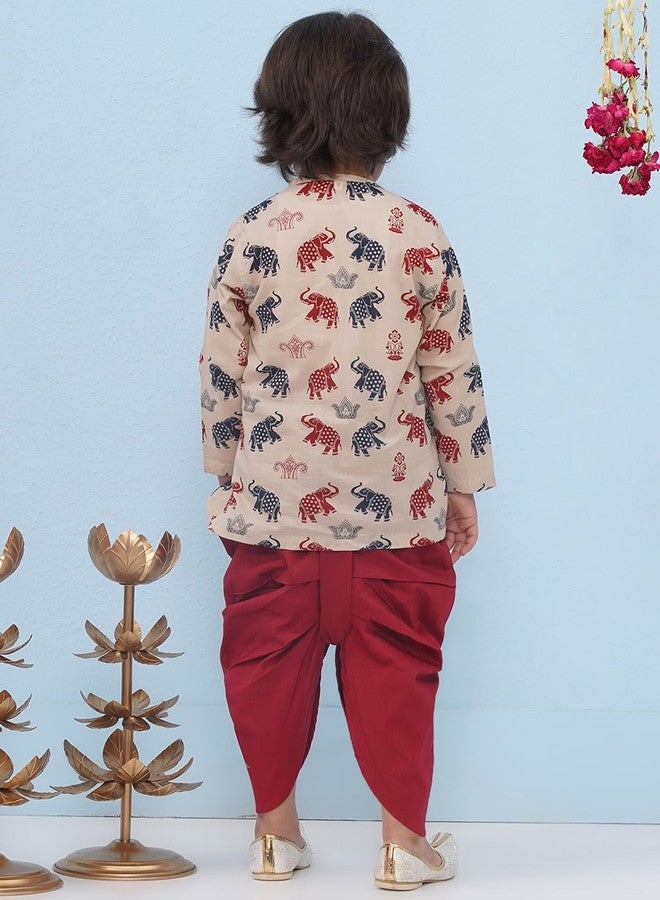 AJ DEZINES Kids Ethnic Wear Pure Cotton Elephant Printed Beige Dhoti Kurta Set for Boys (1942-BEIGE-3) - Image 2