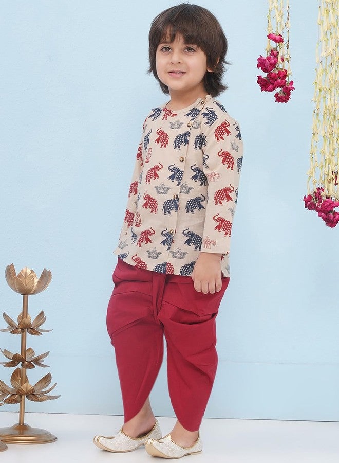 AJ DEZINES Kids Ethnic Wear Pure Cotton Elephant Printed Beige Dhoti Kurta Set for Boys (1942-BEIGE-3) - Image 4