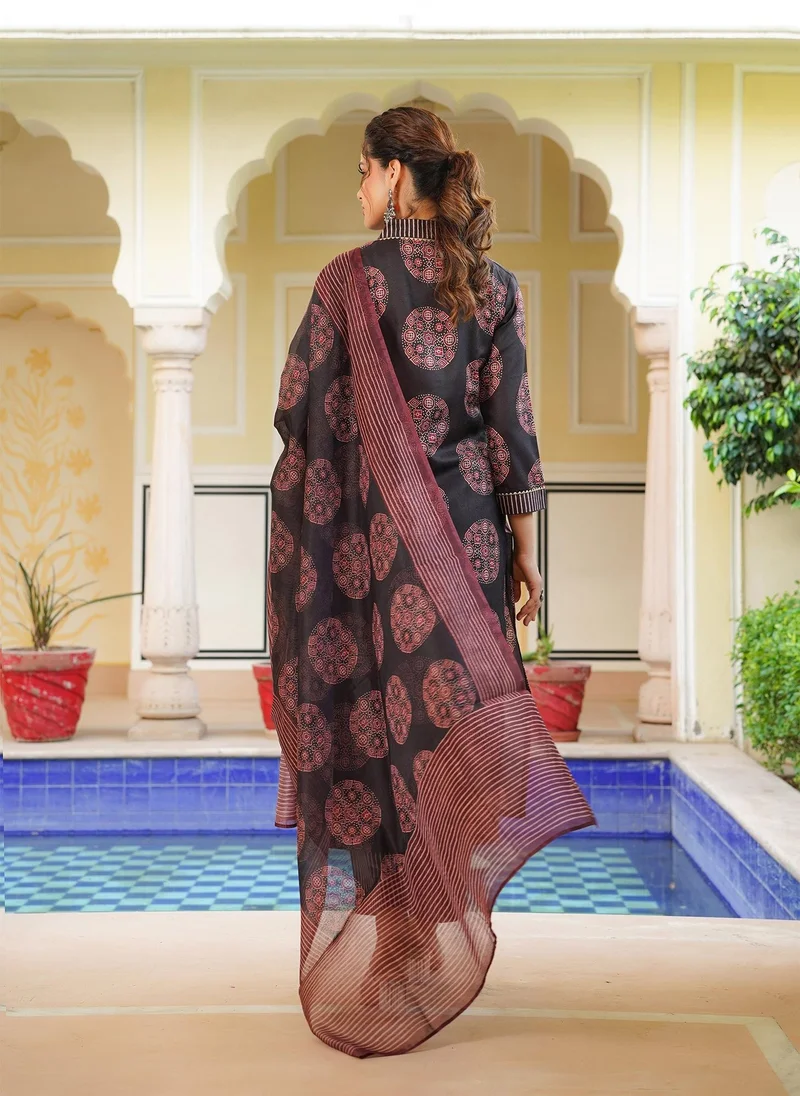 ZERESOUQ Black Rayon Blend Ajrakh Printed Straight 3-Piece Kurta Set