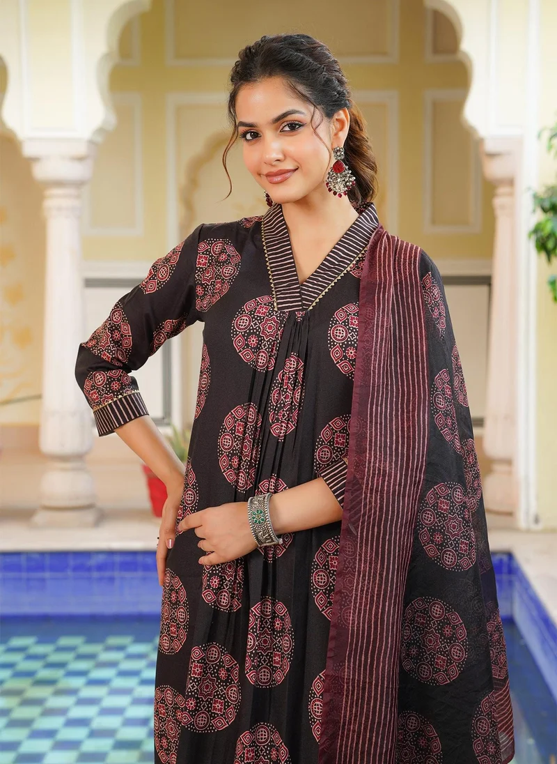 ZERESOUQ Black Rayon Blend Ajrakh Printed Straight 3-Piece Kurta Set