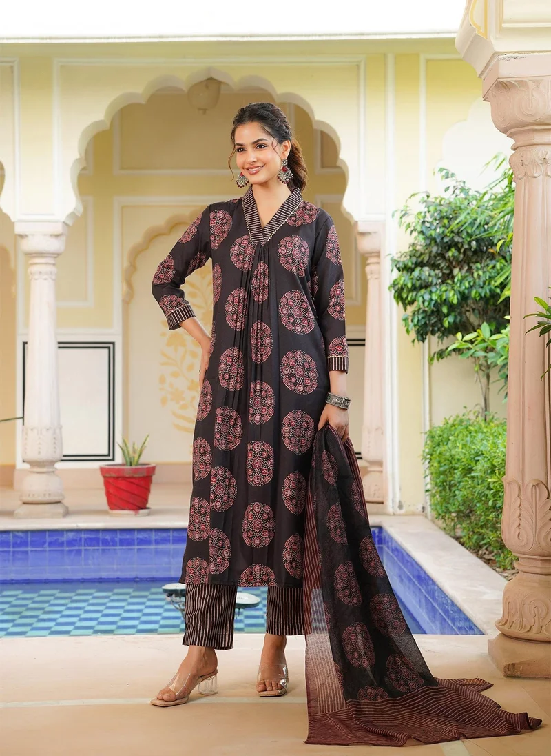 ZERESOUQ Black Rayon Blend Ajrakh Printed Straight 3-Piece Kurta Set