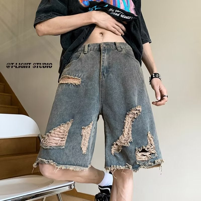 American-style Retro Ripped Denim Shorts Mens Summer Thin Trendy Brand Ruffian Shuai Fried Street Pants Hippop High-grade Sense Vintage Blue 