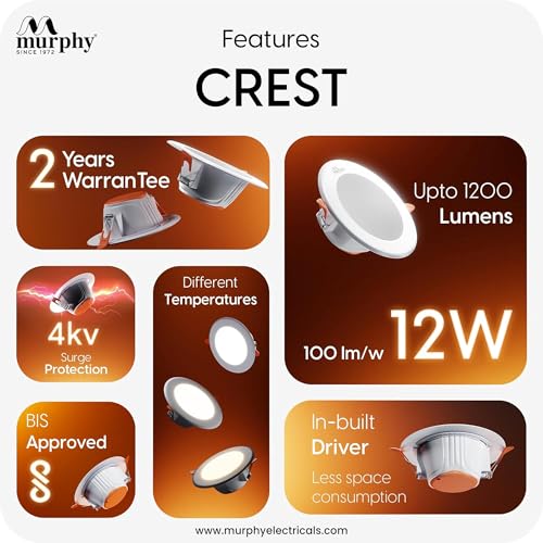 Murphy Crest Premium 12W LED Concealed Down Light | Warm White | Slim Modern False Ceiling Lighting | Suitable for 3-Inch Cutout | 2-Year Warranty | Pack of 4 - Image 3