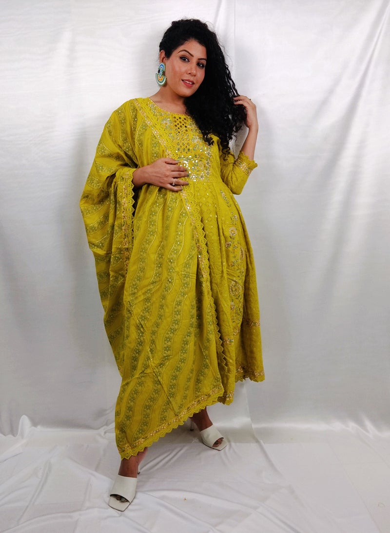 PRIYA’S PANACHE PRIYA'S PANACHE Designer Cotton Yellow Anarkali Kurta Pant Dupatta Set - Designer Festival Traditional Ethnic Indian Partywear For Women  - Image 1