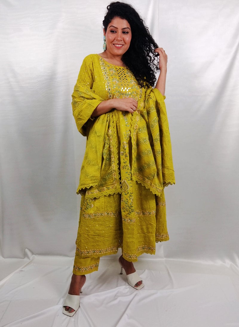 PRIYA’S PANACHE PRIYA'S PANACHE Designer Cotton Yellow Anarkali Kurta Pant Dupatta Set - Designer Festival Traditional Ethnic Indian Partywear For Women  - Image 2