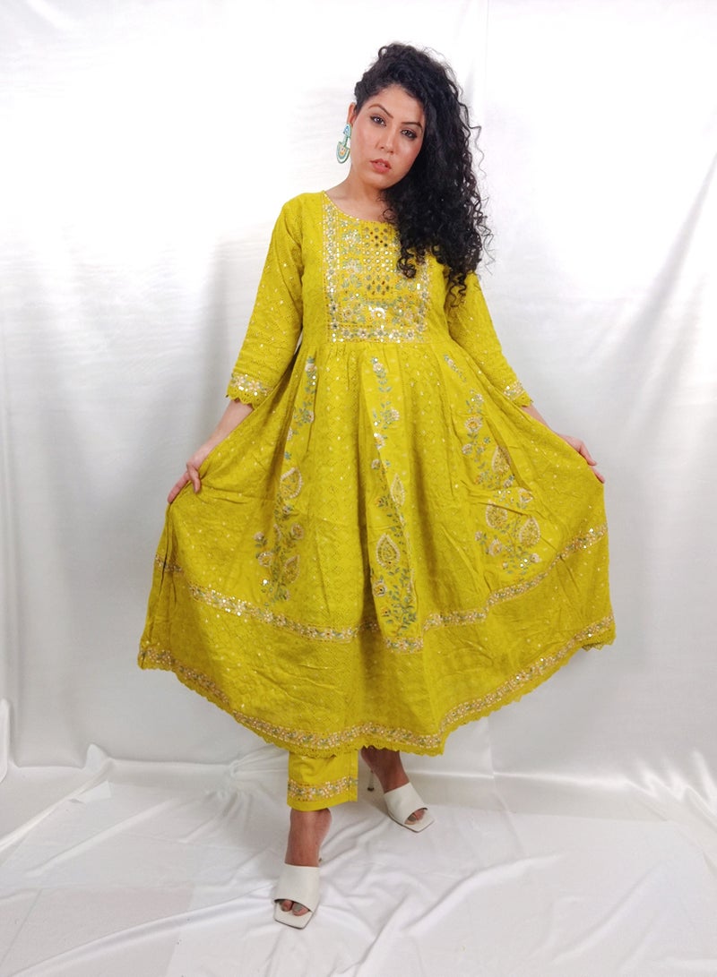 PRIYA’S PANACHE PRIYA'S PANACHE Designer Cotton Yellow Anarkali Kurta Pant Dupatta Set - Designer Festival Traditional Ethnic Indian Partywear For Women  - Image 5