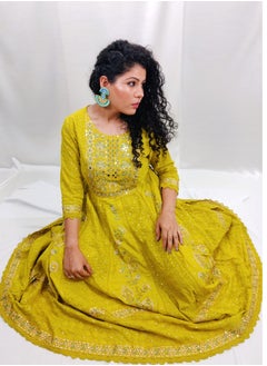 PRIYA’S PANACHE PRIYA'S PANACHE Designer Cotton Yellow Anarkali Kurta Pant Dupatta Set - Designer Festival Traditional Ethnic Indian Partywear For Women  - Image 4