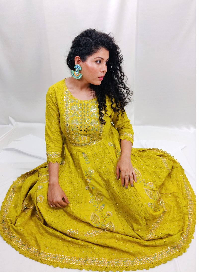 PRIYA’S PANACHE PRIYA'S PANACHE Designer Cotton Yellow Anarkali Kurta Pant Dupatta Set - Designer Festival Traditional Ethnic Indian Partywear For Women  - Image 4