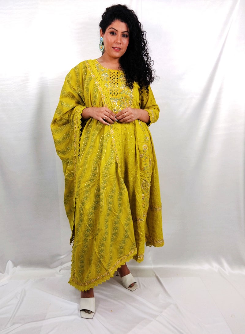 PRIYA’S PANACHE PRIYA'S PANACHE Designer Cotton Yellow Anarkali Kurta Pant Dupatta Set - Designer Festival Traditional Ethnic Indian Partywear For Women  - Image 3