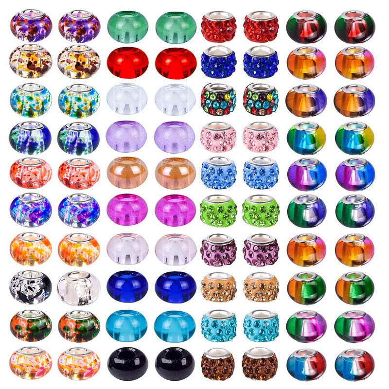 100 PCS Assorted European Beads with Copper Core Big Hole Glass Spacer No Copper Core Lampwork Colorful Beads Rhinestone Craft Beads for DIY Charm Bracelet Jewelry Making Transparent Bicolor