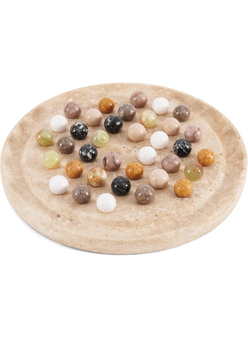 RADICALn Handmade Travertine Marble Solitaire Board Game 10 Inch Peg Solitaire Puzzle Game with Marbles for Adults Luxury Brain Teaser Tabletop Gift - Image 1