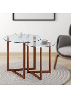 DANUBE HOME Bryner Set Of 2 Glass Nesting Table- Walnut  - Image 1