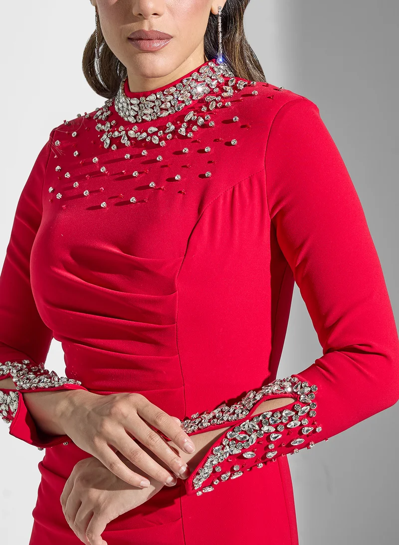 Akadia Fashion Beaded High-Slit Dress