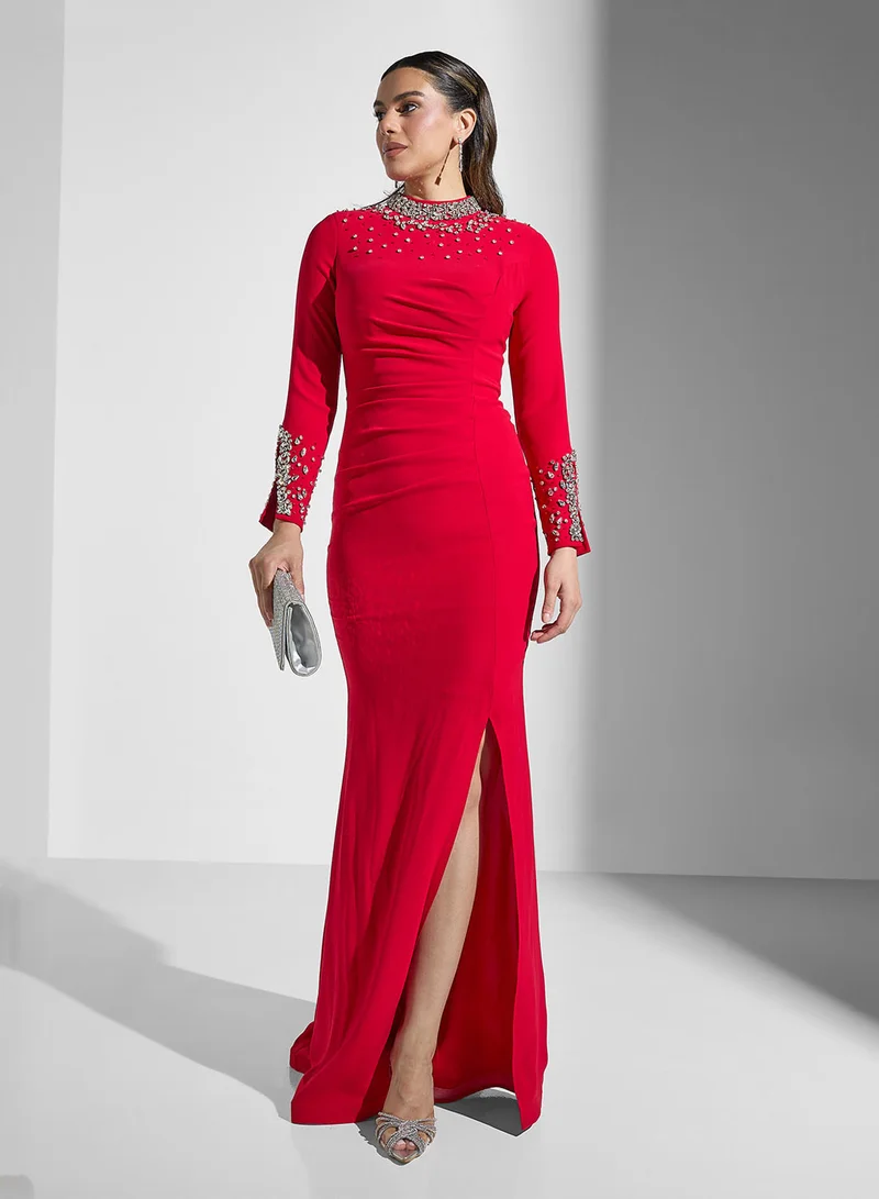 Akadia Fashion Beaded High-Slit Dress
