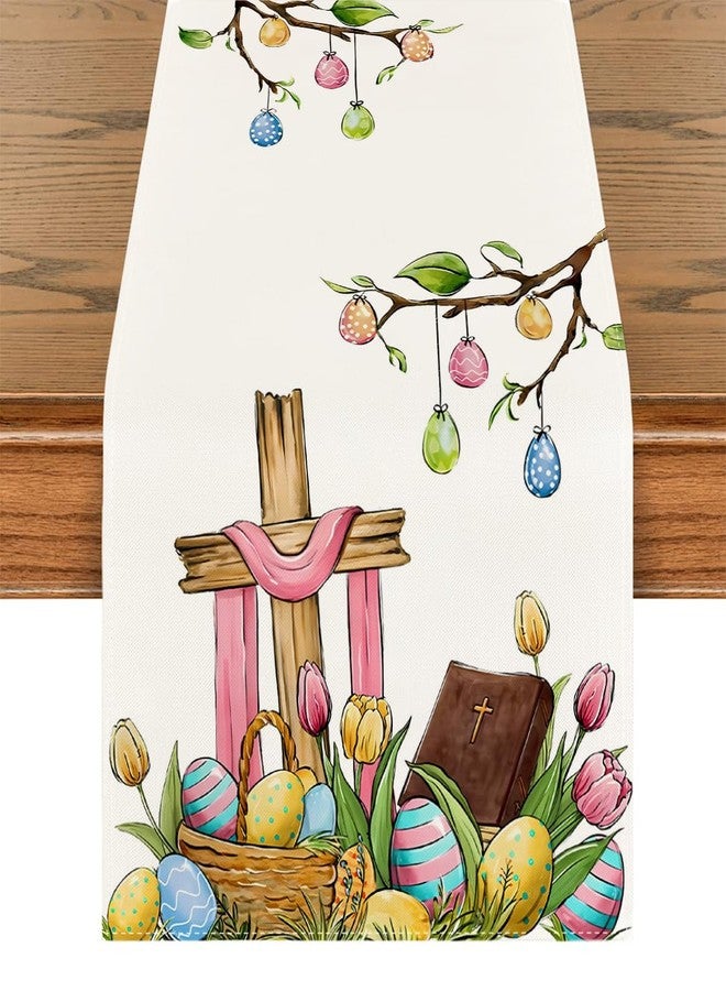 Yarcooly Happy Easter Table Runner He is Risen Table Cover Watercolor Religious Jesus Decor Easter Decorations and Supplies for Home Party - Image 1