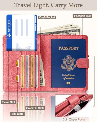 Slohif Passport Wallet Holder Cover for Travel - Women Men RFID Blocking Passport Book Case Protector, Pink Cute Lip Leather Personalized Organizer Slim Carrier Boarding Pass Cards Slots - Image 2