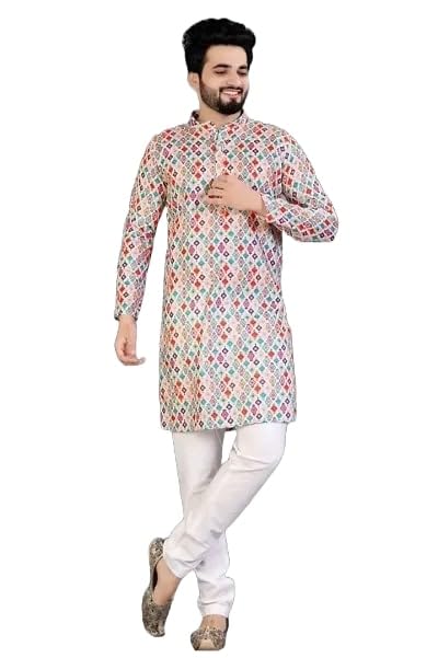 LookMark Men's Cotton Blend Printed Long Kurta Suitable for All Indian Wedding, Occasions, and Festivals (AZ-LM-OG-Kurta 14-L) Grey - Image 4