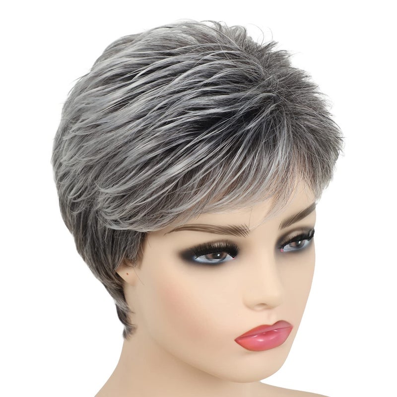 SEVENCOLORS Short Grey Wigs for Women Gray White Pixie Cut Wigs with Dark Root Layered Synthetic Short Hair Wigs Natural Looking - Image 5