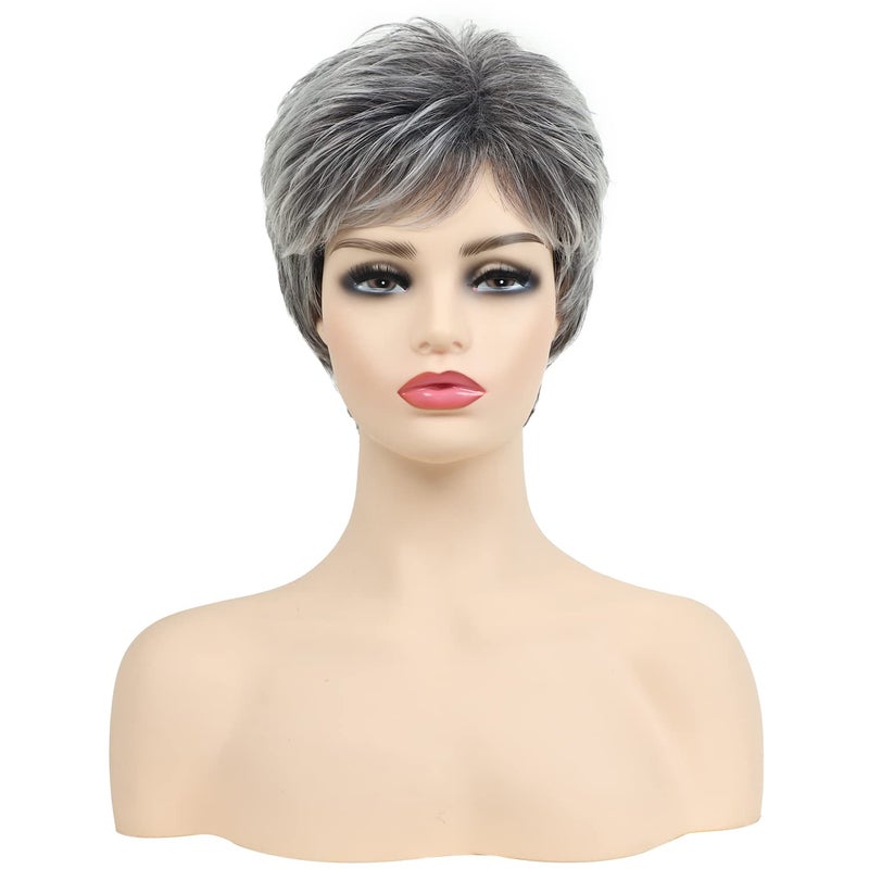 SEVENCOLORS Short Grey Wigs for Women Gray White Pixie Cut Wigs with Dark Root Layered Synthetic Short Hair Wigs Natural Looking - Image 3