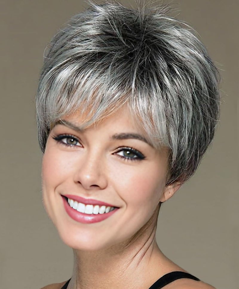 SEVENCOLORS Short Grey Wigs for Women Gray White Pixie Cut Wigs with Dark Root Layered Synthetic Short Hair Wigs Natural Looking - Image 1