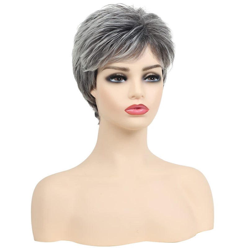 SEVENCOLORS Short Grey Wigs for Women Gray White Pixie Cut Wigs with Dark Root Layered Synthetic Short Hair Wigs Natural Looking - Image 2