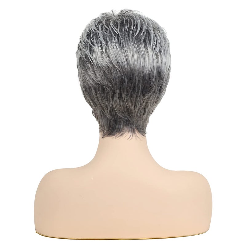 SEVENCOLORS Short Grey Wigs for Women Gray White Pixie Cut Wigs with Dark Root Layered Synthetic Short Hair Wigs Natural Looking - Image 4