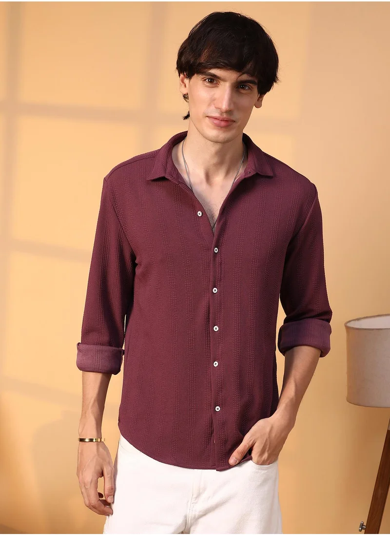 Campus Sutra Men's Burgundy Red Rope-Textured Shirt