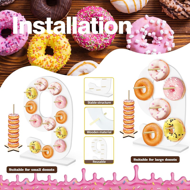 soleim 5 Pcs Donut Stand Set, Doughnut Party Supplies Include 1 Pc Digit Donut Wall Display Stand, 4 Pcs Doughnut Wall, for Birthday Wedding Baby Shower Party (White number 9) - Image 4