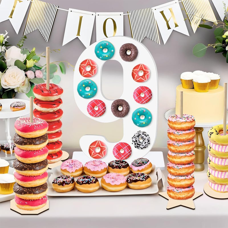 soleim 5 Pcs Donut Stand Set, Doughnut Party Supplies Include 1 Pc Digit Donut Wall Display Stand, 4 Pcs Doughnut Wall, for Birthday Wedding Baby Shower Party (White number 9) - Image 3