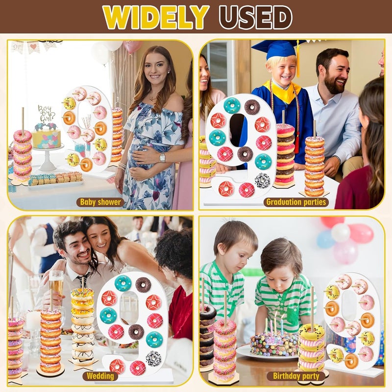 soleim 5 Pcs Donut Stand Set, Doughnut Party Supplies Include 1 Pc Digit Donut Wall Display Stand, 4 Pcs Doughnut Wall, for Birthday Wedding Baby Shower Party (White number 9) - Image 5