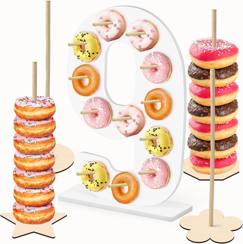 soleim 5 Pcs Donut Stand Set, Doughnut Party Supplies Include 1 Pc Digit Donut Wall Display Stand, 4 Pcs Doughnut Wall, for Birthday Wedding Baby Shower Party (White number 9) - Image 1