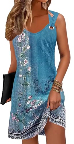 ETCYY Summer Dresses for Women 2025 Vacation Beach Cover Ups Swimsuit Sleeveless Sundresses Casual Loose Tank Sun Dresses,Flower Blue,Large - Image 1