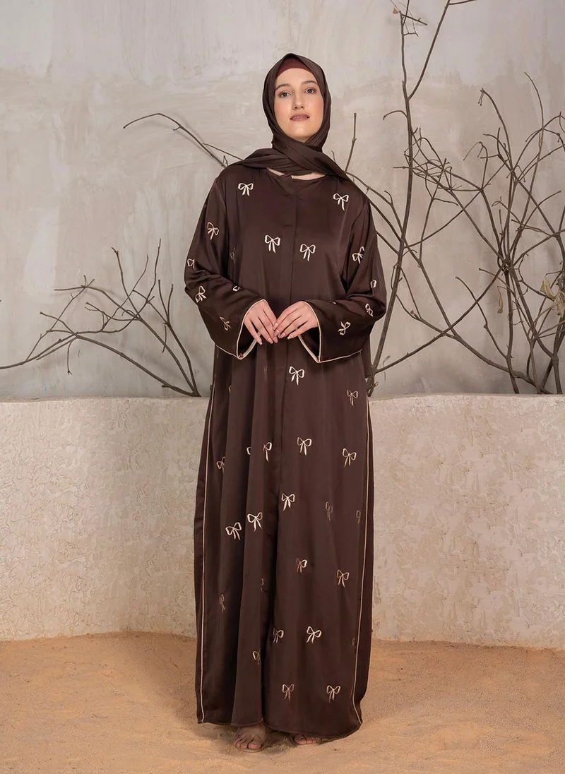 ZERESOUQ Bow Embroidered Abaya With Scarf