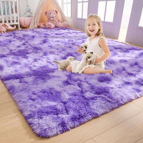 AROGAN Soft Rainbow Area Rugs for Girls Room 4x6 Feet, Fluffy Girls Bedroom Rugs, Princess Rug, Cute Colorful Carpet for Kids Teens Nursery Toddler, Purple - Image 1