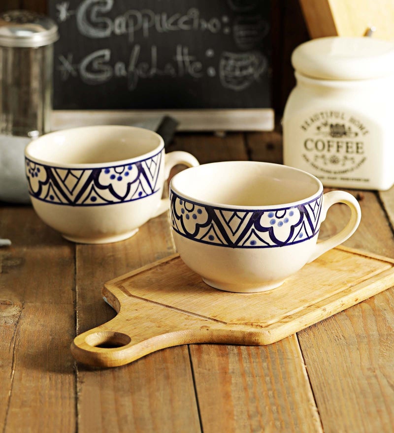 miah decor طقم وعاء شوربة ميا ديكور جامبو من 2 | 100% آمن للطعام، آمن في الميكروويف، آمن في غسالة الصحون ووعاء شوربة خزفي مطلي يدويًا | MD-58 | كريمي وأزرق، 680 مل، طقم من 2 - Image 2