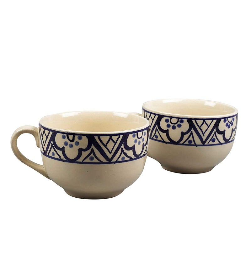 miah decor طقم وعاء شوربة ميا ديكور جامبو من 2 | 100% آمن للطعام، آمن في الميكروويف، آمن في غسالة الصحون ووعاء شوربة خزفي مطلي يدويًا | MD-58 | كريمي وأزرق، 680 مل، طقم من 2 - Image 1