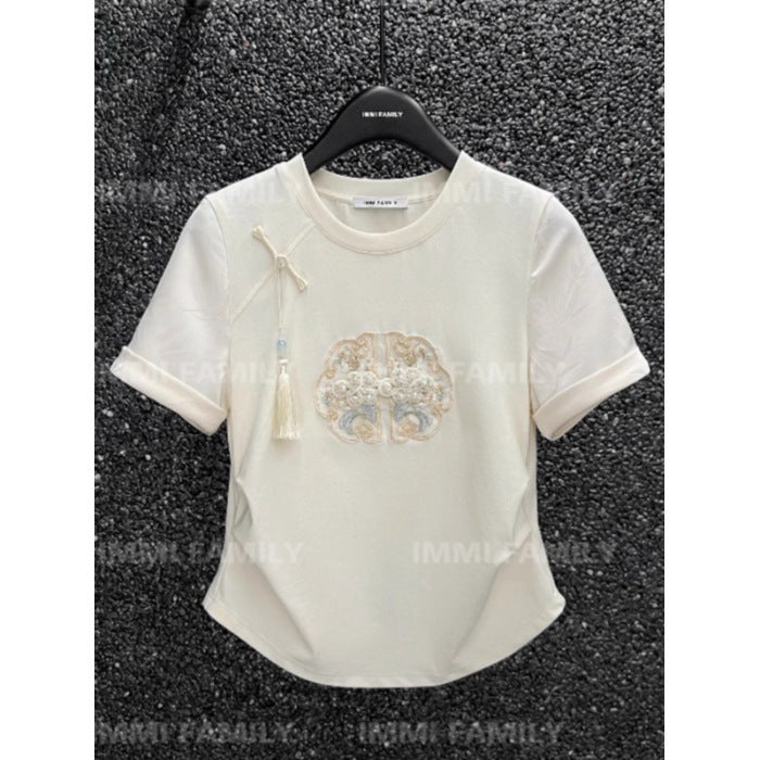363 Official Figure [Imitation Cotton 40 1*1] Summer Chinese Style Buckle Pleated Waist Design Short Sleeve T-Shirt - Image 1