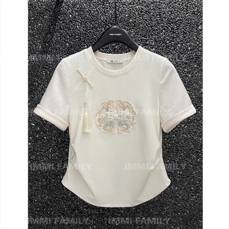 363 Official Figure [Imitation Cotton 40 1*1] Summer Chinese Style Buckle Pleated Waist Design Short Sleeve T-Shirt - Image 3