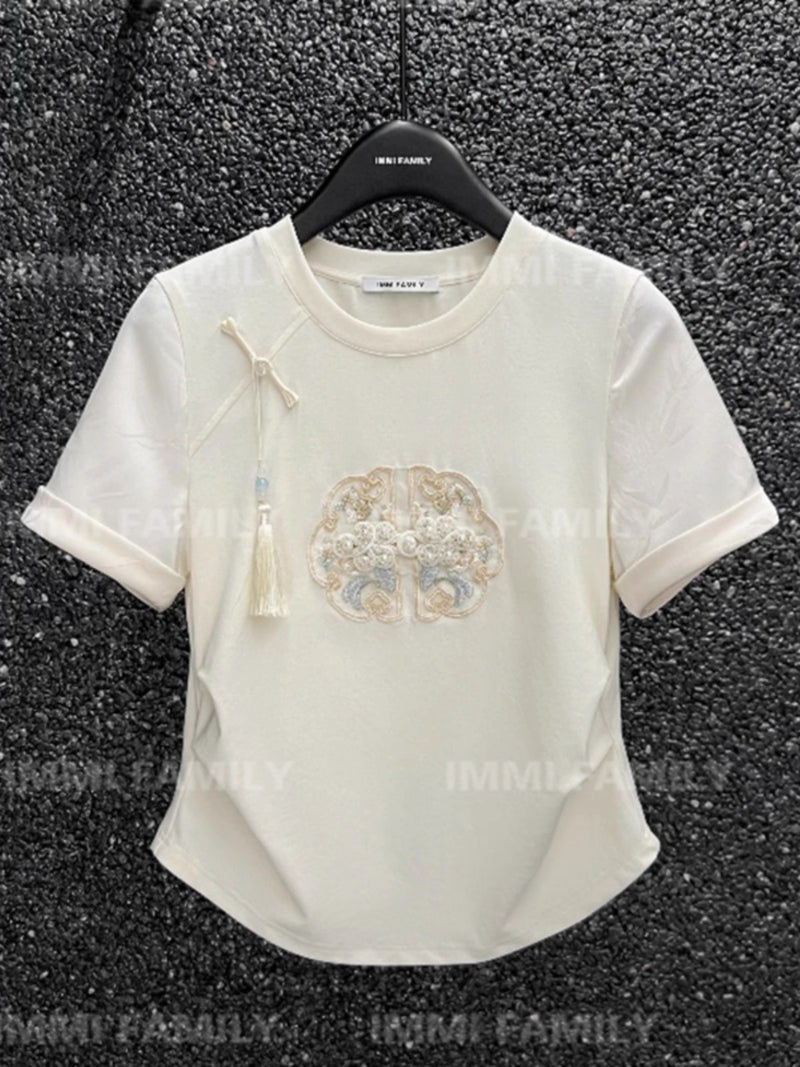 363 Official Figure [Imitation Cotton 40 1*1] Summer Chinese Style Buckle Pleated Waist Design Short Sleeve T-Shirt - Image 2