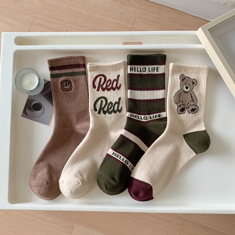 American College Style Cartoon Bear Mid-Calf Socks for Women Letters  - Image 4