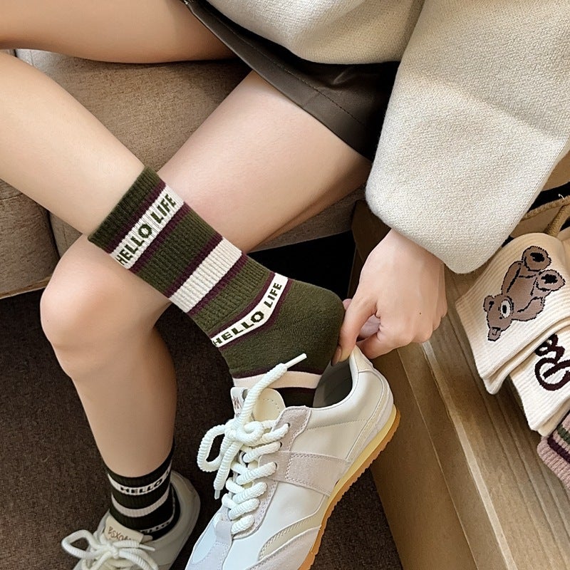 American College Style Cartoon Bear Mid-Calf Socks for Women Letters  - Image 5