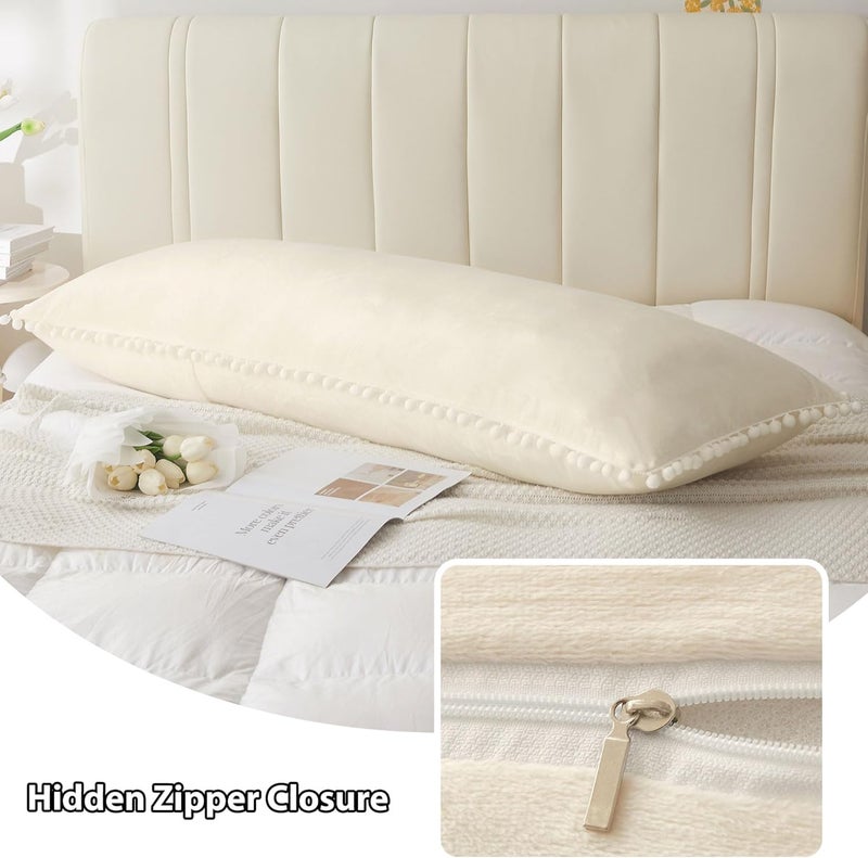 CottonFry غطاء وسادة جسم من قطنفراي فائق النعومة من المخمل مع سحاب مخفي، غطاء وسادة جسم بسحاب (كريم مع بومبوم، 20x54) - Image 4