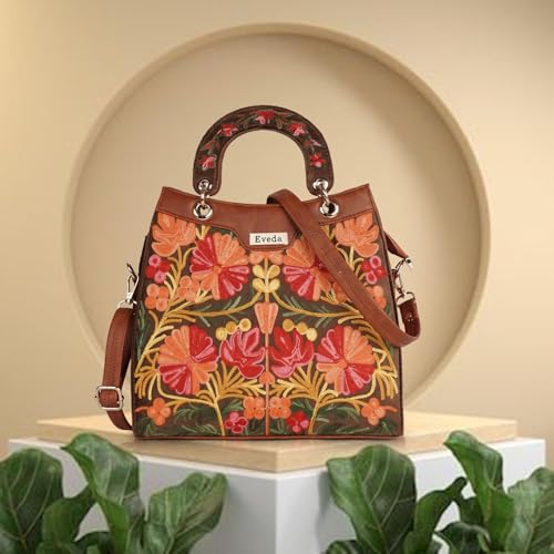 EVEDA Synthetic Leather Gorgeous Embrodeiry Stylish Design Hobo Women Handbag (Tan) - Image 4