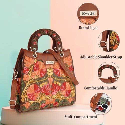 EVEDA Synthetic Leather Gorgeous Embrodeiry Stylish Design Hobo Women Handbag (Tan) - Image 2