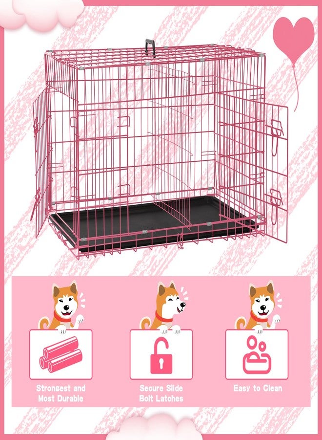 قفص كلاب BLKMTY مقاس 30 بوصة، قفص معدني سلكي قابل للطي للكلاب الكبيرة مع لوحة فاصلة، قفص حيوانات أليفة مزدوج الأبواب مع صينية وأقفال، أقفاص كلاب للاستخدام الداخلي والخارجي والسفر، وردي - Image 3