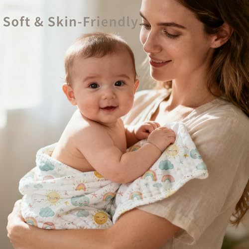 CoolaPeach Muslin Swaddle Blankets 6-Layer Cotton Baby Blankets for Boys & Girls 43"X43"Inches Receiving Blankets,Soft Skin-Friendly Baby Crib Blanket,Breathable Quilt Bedspread(Sunny) - Image 5