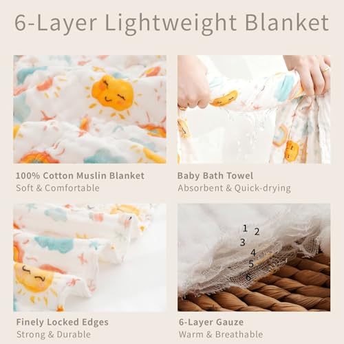 CoolaPeach Muslin Swaddle Blankets 6-Layer Cotton Baby Blankets for Boys & Girls 43"X43"Inches Receiving Blankets,Soft Skin-Friendly Baby Crib Blanket,Breathable Quilt Bedspread(Sunny) - Image 4