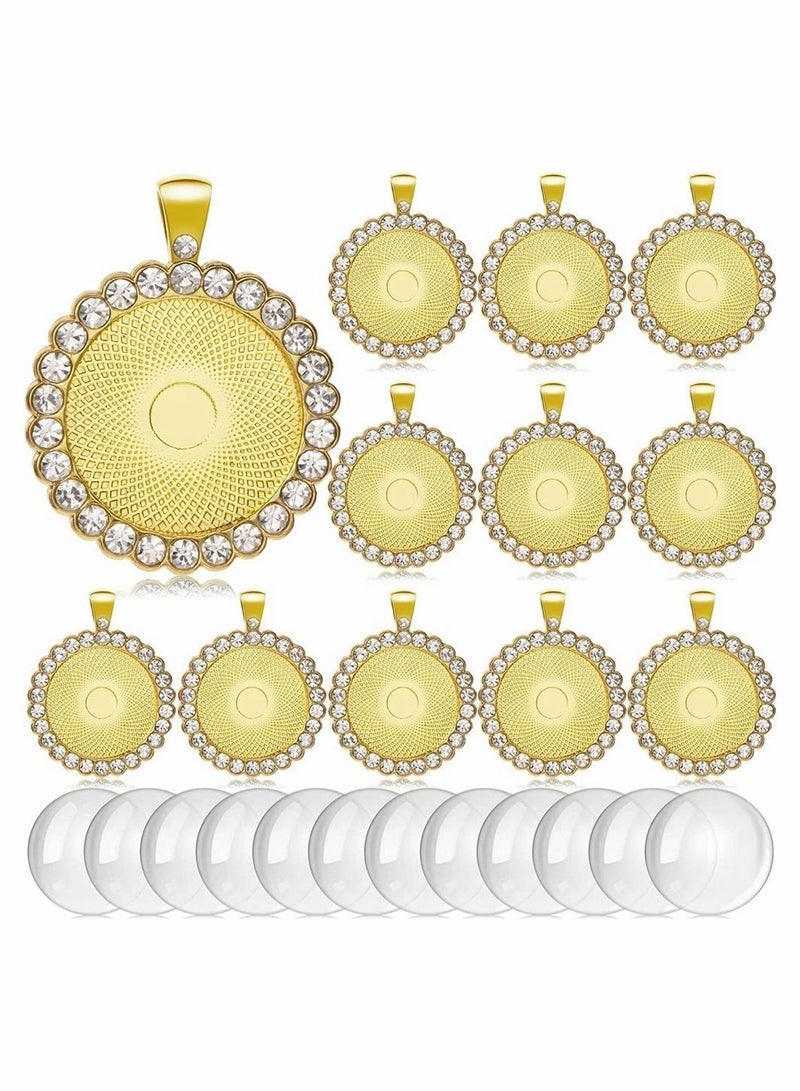 Y&D 12 Pieces Rhinestone Diamond Pendant Trays 25 mm Round Bezel and Transparent Glass Cabochons for Photo Jewelry Craft DIY Making (Gold)  - Image 1